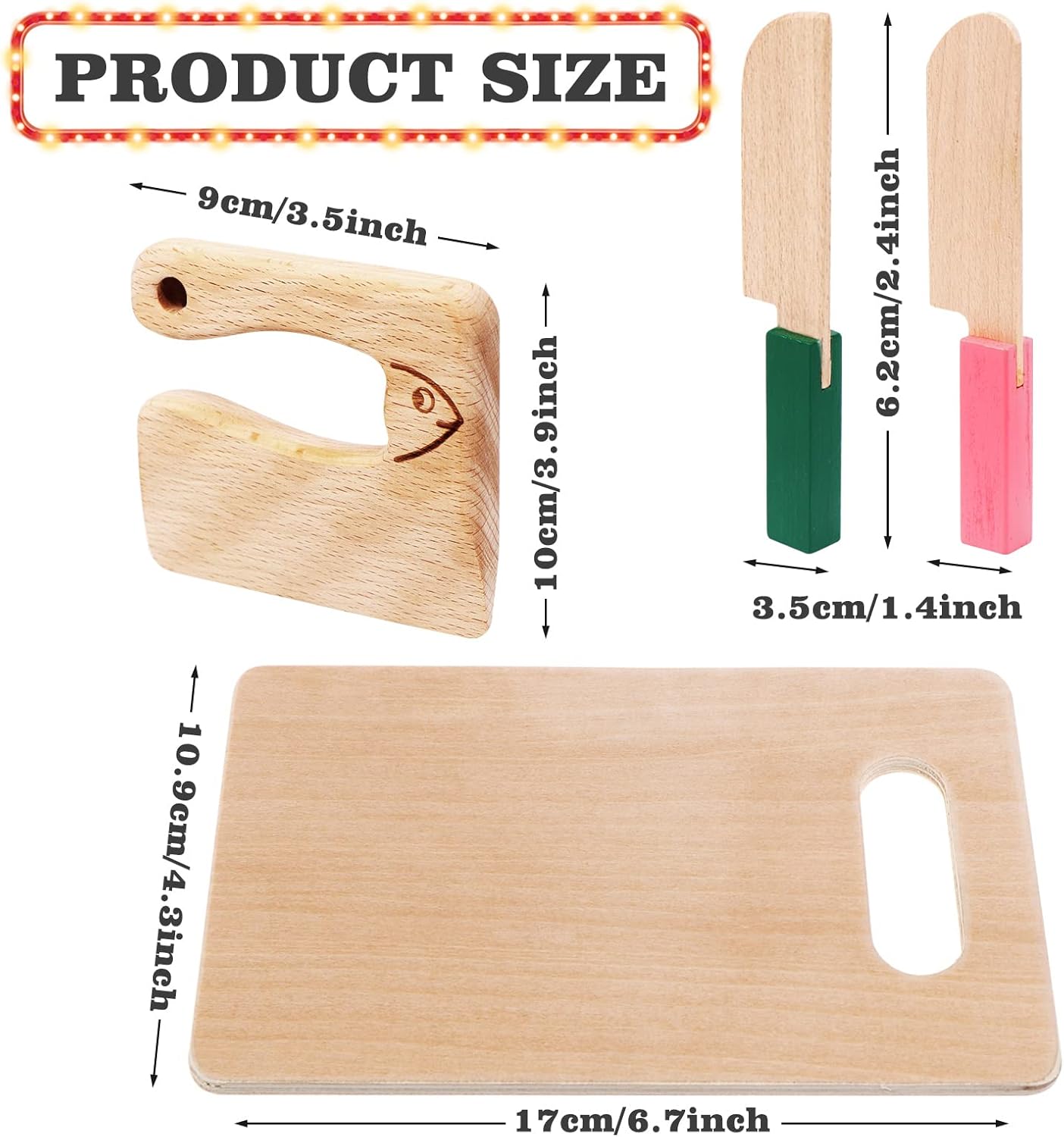 4 Pcs Wooden Kids Knives Cooking Utensils, Safe Knives with Rectangle Cutting Board for Kitchen Cooking