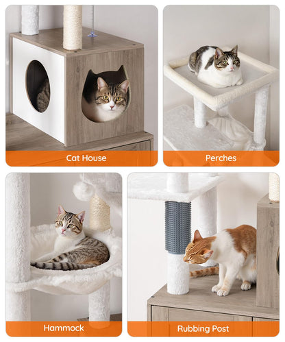 HOOBRO Cat Tree with Litter Box Enclosure Indoor, Wooden Cat Tower with Scratching Posts, Litter Box Furniture Hidden, All-in-One Cat House, Greige BG15MZ03-BG51MZ03
