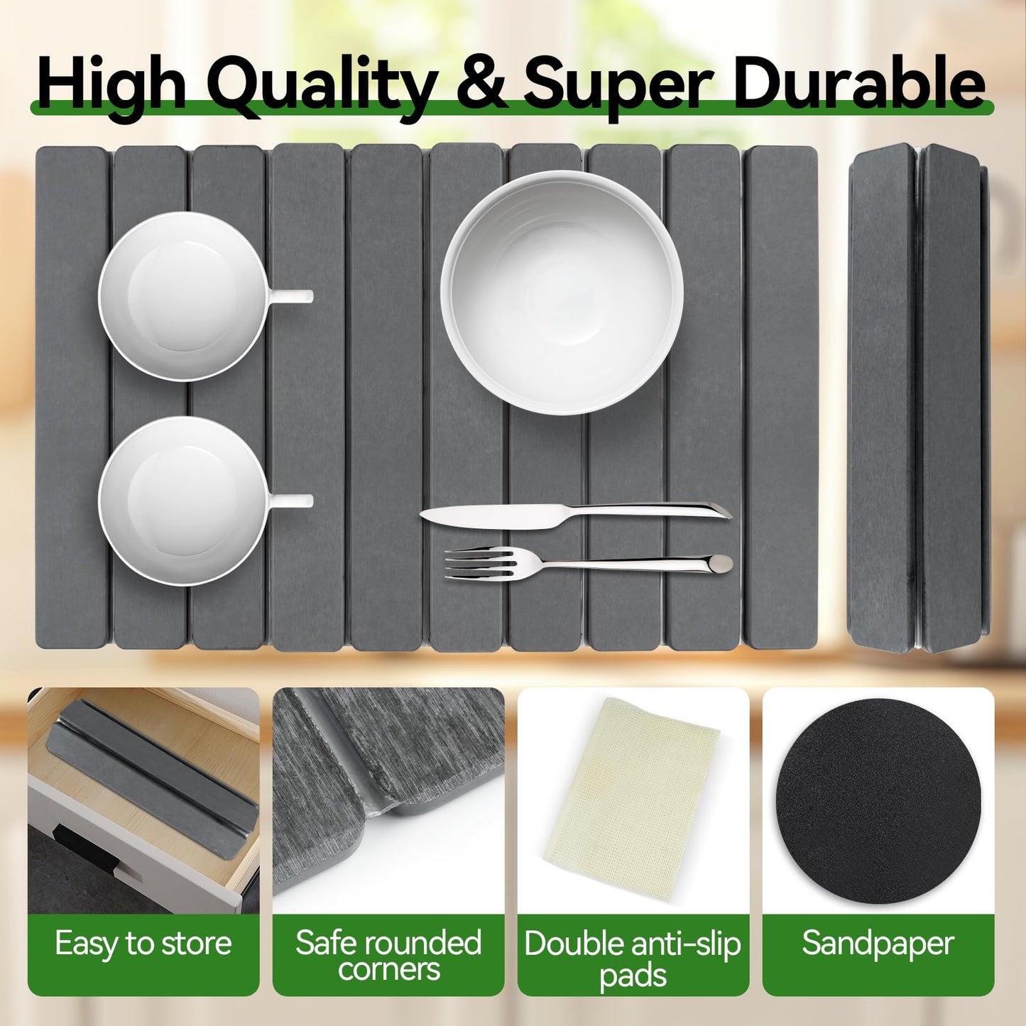 Large Stone Drying Mat for Kitchen Counter, 24"x16" Collapsible Diatomaceous Earth Drying Mat, Instant Absorbent Dish Drying Pad, Stone Drying Rack Space Saver Drying Board for Kitchen Sink, Gray