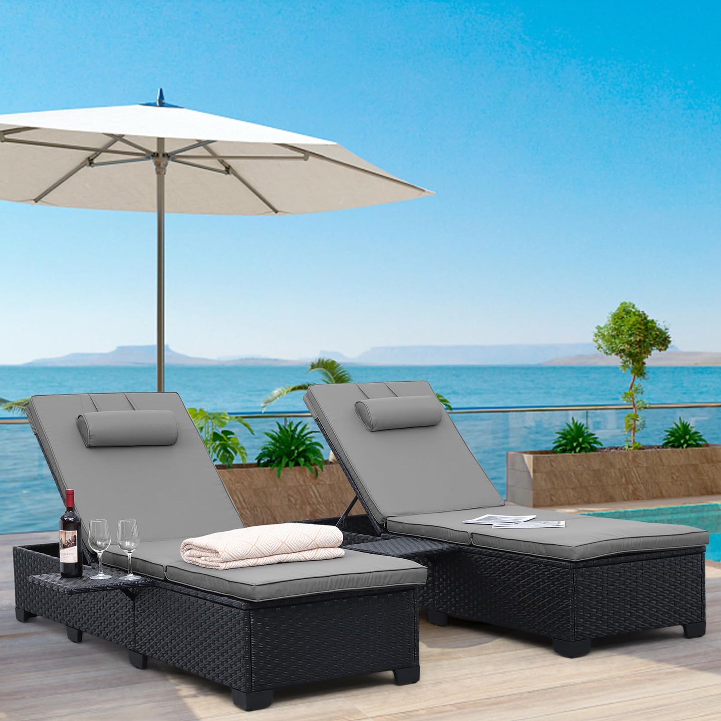 WAROOM Outdoor Chaise Lounge Chairs for Outside Patio Furniture Set of 2 Wicker Recliner Black Rattan Sunbathing Lounger Adjustable Backrest Pool Reclining Chair, Grey Cushion