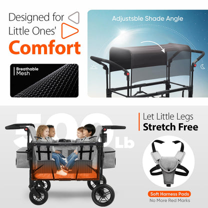 Sekey 4 Seater Stroller Wagon for Kids - Premium Quality with Convertible Seats, Adjustable Push Handles, Removable Canopy, Snack Tray & Cooler, US Certified.