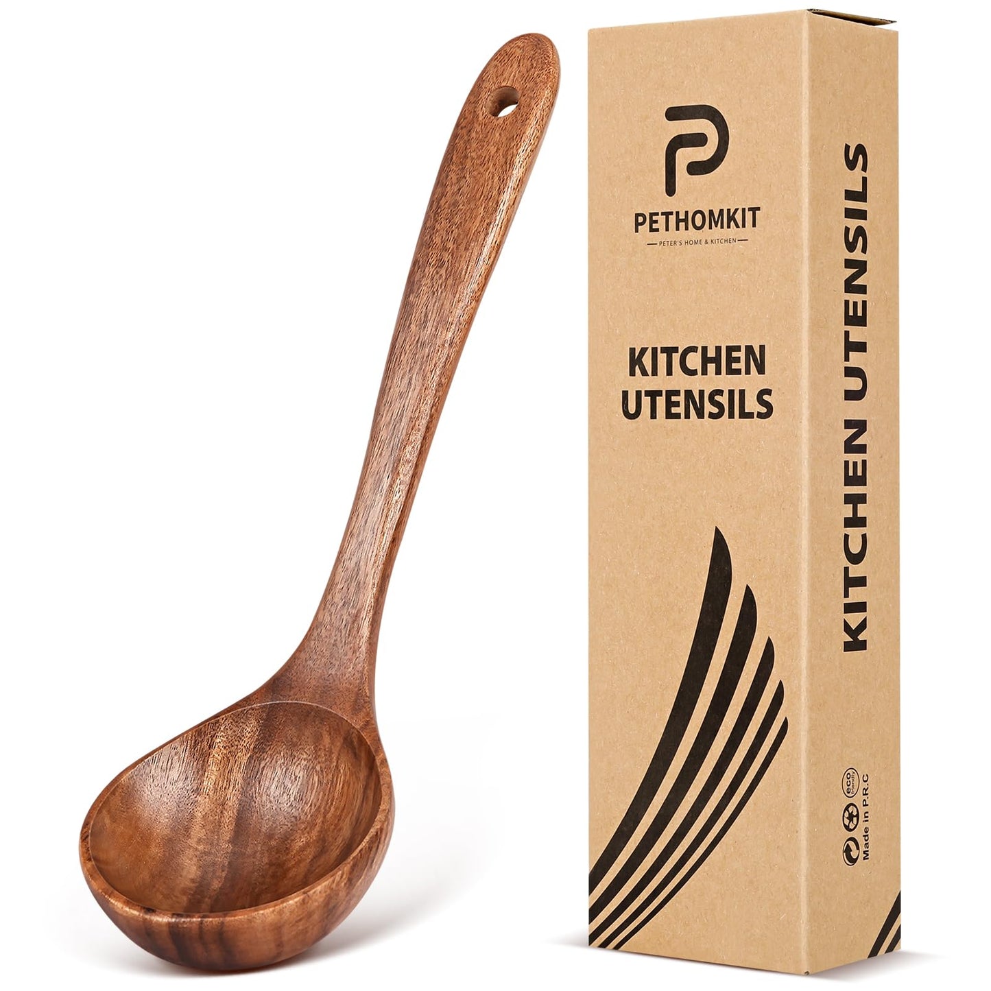 Wooden Soup Spoon for Cooking, Teak Acacia Soup Ladle, Non-Toxic Natural Wood Serving Spoon for Gravy Sauce Porridge, Long Handle Deep Scooper Server Utensil, No-Scratch Cookware Surface,10.6″