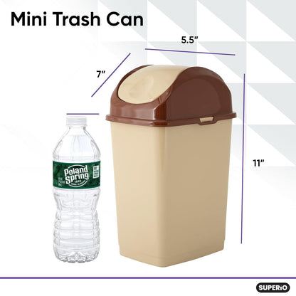Superio Mini Desktop Trash Can, Portable Plastic Garbage Can with Swing Top Lid for Countertop, Bathroom, Compact Waste