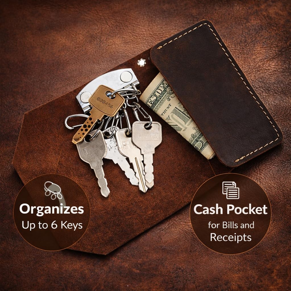 TheAntiq Genuine Leather Key Organizer Wallet – Compact Key Holder Case with 6 Hooks & Cash Pocket, Snap Closure Keychain with Carabiner for Car & Home Keys, Brown