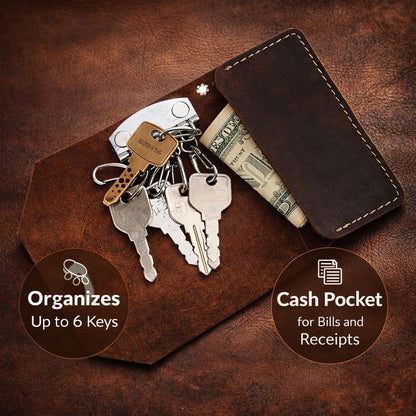 TheAntiq Genuine Leather Key Organizer Wallet – Compact Key Holder Case with 6 Hooks & Cash Pocket, Snap Closure Keychain with Carabiner for Car & Home Keys, Brown
