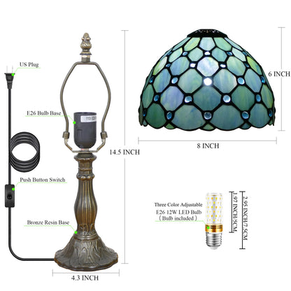 WFAYNTIFL Small Tiffany Lamp Mini Stained Glass Table Lamp Sea Blue Pearl Style Bedside Accent Lamp Memory Sympathy 8X14.5 Inch