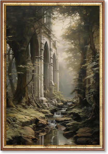 Dark Forest Wall Art 16x24inch, Gothic Landscape Poster and Vintage Castle Canvas Prints No Frame