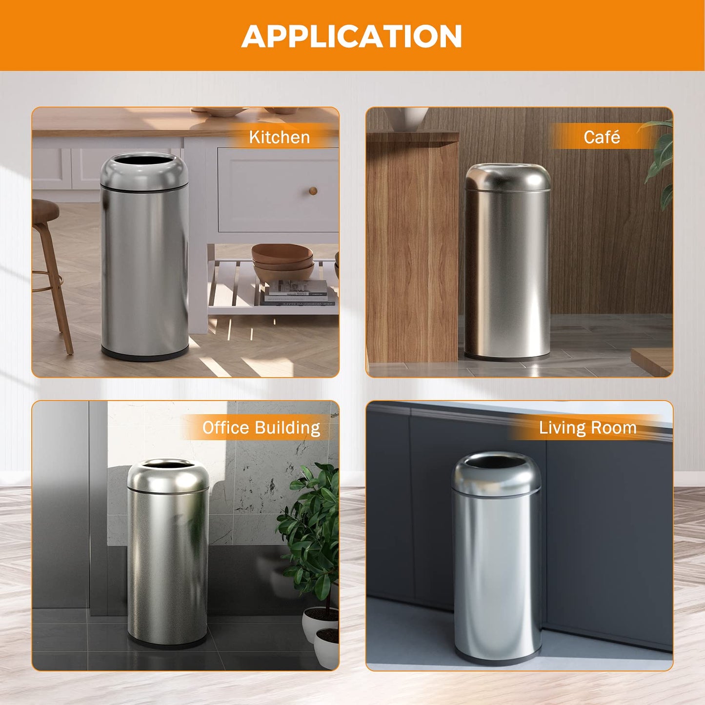 BEAMNOVA 16.5 Gallon Trash Can Black Open Top Large Outdoor Indoor Commercial Stainless Steel Industrial Waste Basket Container, Metallic Garbage Enclosure with Lid