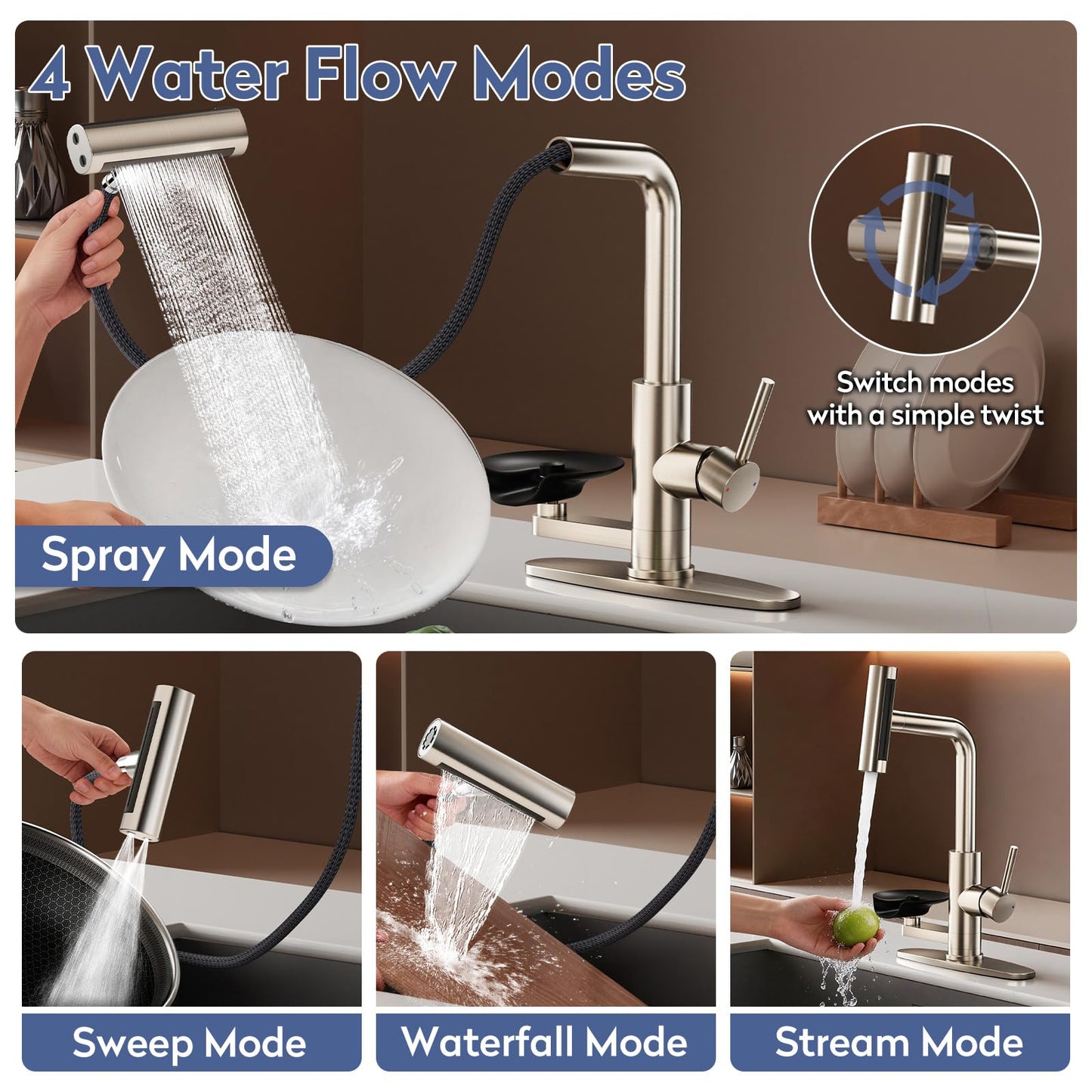 SINGSUO Pull Down Kitchen Faucet with Glass Rinser, 4 Spray Modes Kitchen Faucets with Pull Out Sprayer & Cup Washer, High Pressure Single Handle Bar Sink Faucet 1 or 3 Hole