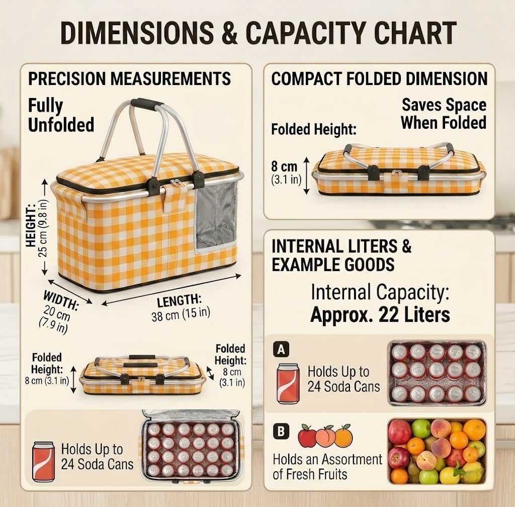 22L Collapsible Picnic Basket with Insulated Cooler, Includes Oversized 80"x80" Waterproof Blanket, Leakproof Aluminum Frame Market Grocery Tote for Family Camping, Beach & Outdoor Dates Yellow Plaid