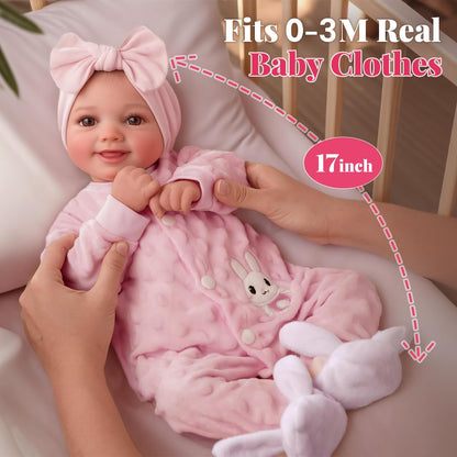 BABESIDE Reborn Baby Dolls Sunny - 17 Inch Cute Realistic Baby Doll with Soft Cloth Body, Poseable Real Life Baby Dolls with Bottle and Accessories for 3+ Years Old Girl Gifts, Pretend Play