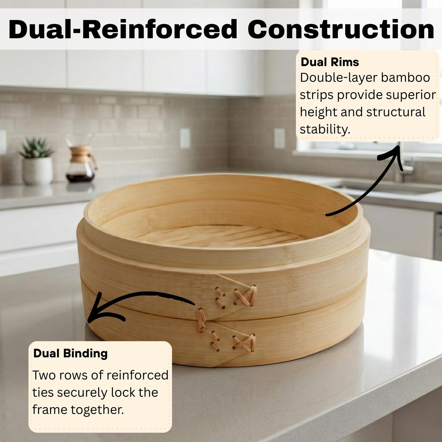 HAPPI STUDIO Bamboo Steamer Basket Set - 10 Inch Large Dumpling 2 Tier for Pots - Asian Cooking Dim Sum Bao Buns Momo Rice - Natural Chinese Steam Baskets Kit with Stainless Steel Ring (10-inch Extra Deep Bamboo Steamer w/ Ring)