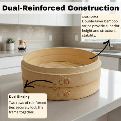 HAPPI STUDIO Bamboo Steamer Basket Set - 10 Inch Large Dumpling 2 Tier for Pots - Asian Cooking Dim Sum Bao Buns Momo Rice - Natural Chinese Steam Baskets Kit with Stainless Steel Ring (10-inch Extra Deep Bamboo Steamer w/ Ring)