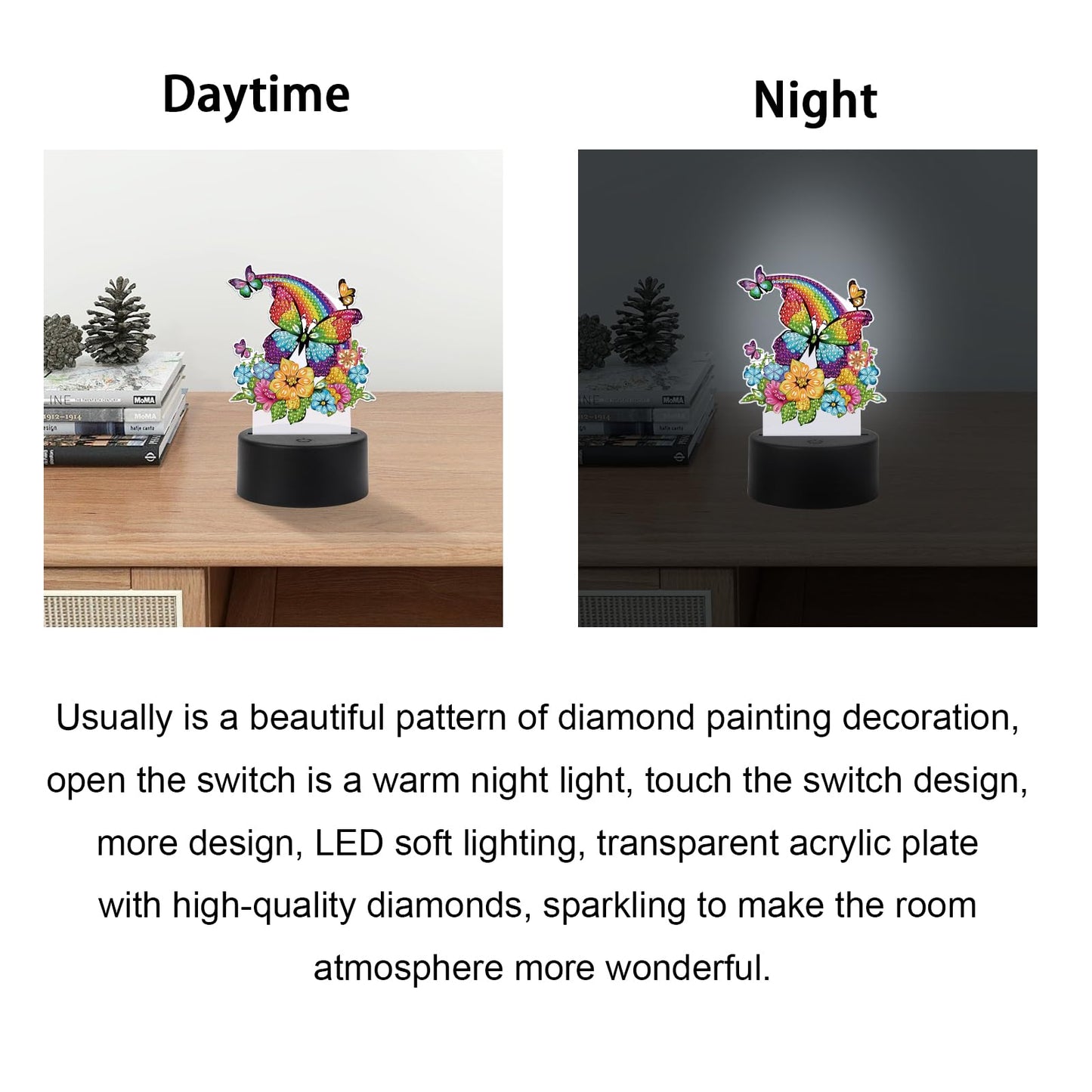 JISHSHAY Diamond Painting Night Light Diamond Art Table Lamps Gem Art LED Lights Gem Painting Desk Lamp Mosaic Kits for Adults DIY Kits for Adults with Special Drill Rainbow Butterfly Flower