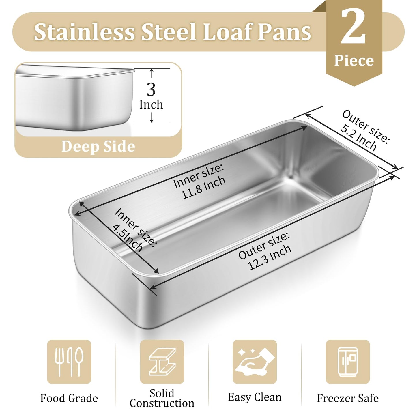 TeamFar Loaf Pan, 12 x 5 Inch Stainless Steel Loaf Pans for Baking Bread, 2 Pack Large Bread Loaf Baking Pan for Homemade Bread, Meatloaf, Cake, Brownies, Non-Toxic, Heavy-duty, Oven & Dishwasher Safe