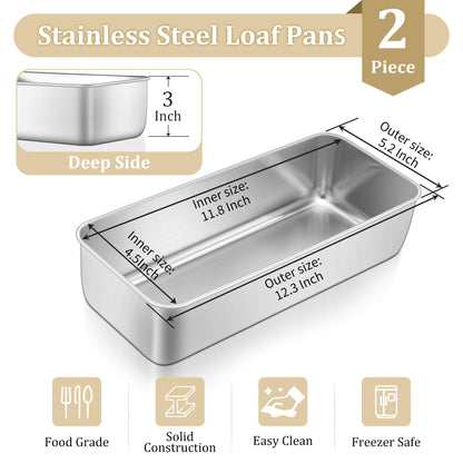 TeamFar Loaf Pan, 12 x 5 Inch Stainless Steel Loaf Pans for Baking Bread, 2 Pack Large Bread Loaf Baking Pan for Homemade Bread, Meatloaf, Cake, Brownies, Non-Toxic, Heavy-duty, Oven & Dishwasher Safe