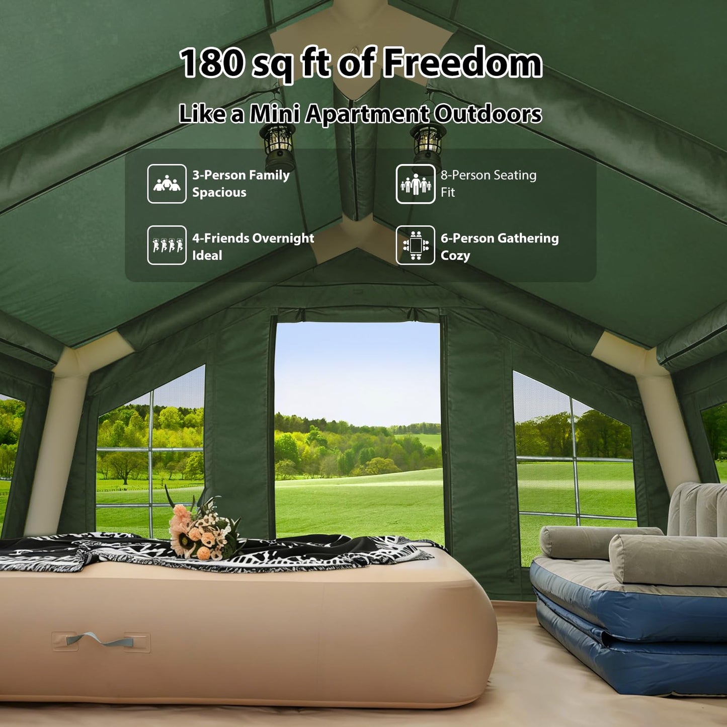 KNUO 2026 Upgraded 100% Waterproof Inflatable Camping Tent for 6~8 People, Large Blow-Up Air Tent, No Assembly Needed Luxury Glamping House, 12x15ft Oxford Fabric, Green
