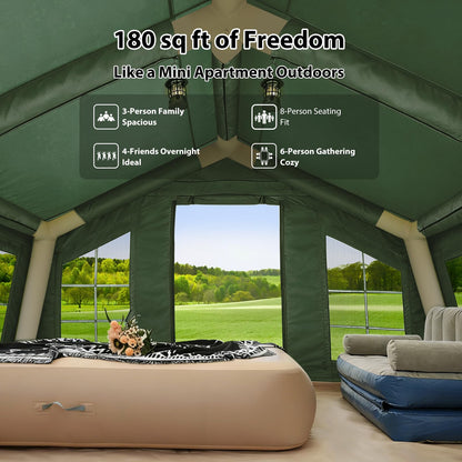 KNUO 2026 Upgraded 100% Waterproof Inflatable Camping Tent for 6~8 People, Large Blow-Up Air Tent, No Assembly Needed Luxury Glamping House, 12x15ft Oxford Fabric, Green