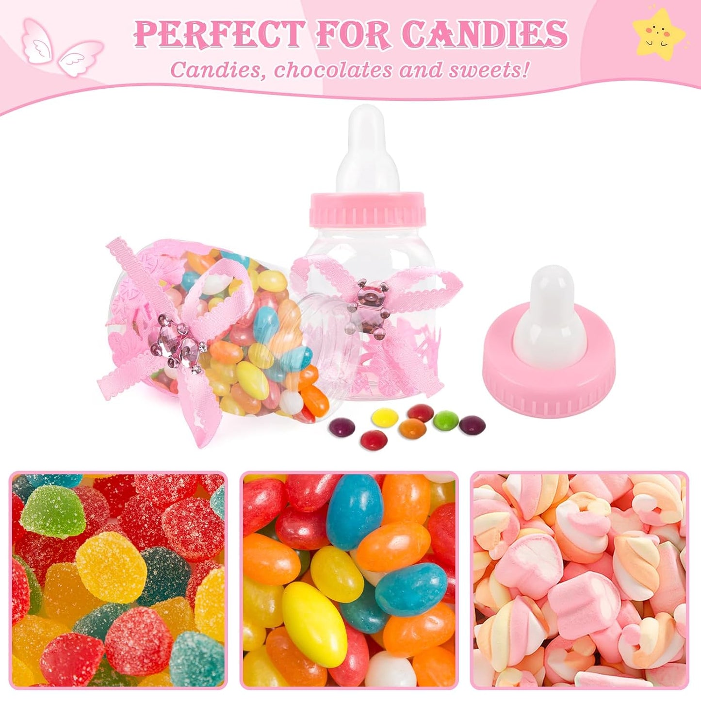 MACTING 2 Dozens Candy Box with 5 Pcs Artificial Flower Rose, 3.5 Inch Feeding Bottle for Baby Shower Favor Gift