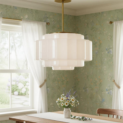 YESIDS Vintage Milk Glass Pendant Lights, 15.7" White Pleated Glass Chandelier, Semi-Flush Mount Ceiling Light for Bedroom, Foyer, Living Room, Bar Counter, E12 Bulb Included (White, 15.7)