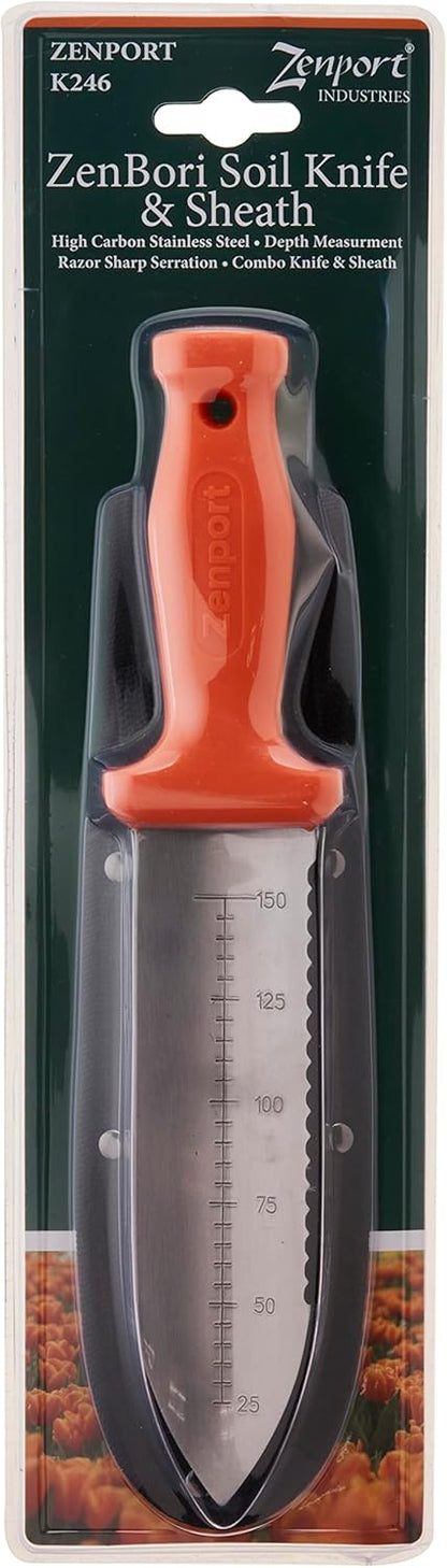 Zenport K246 Deluxe ZenBori Soil Knife with Sheath, 6-Inch Stainless Steel Blade, Orange Handle