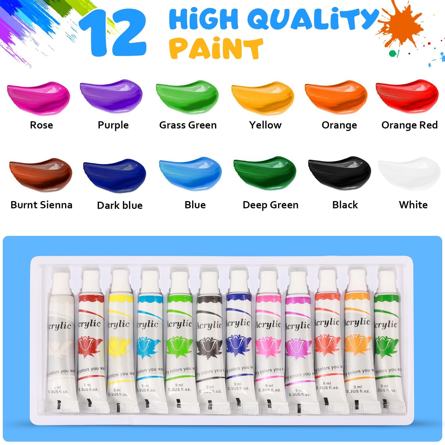 Art Painting Kits, Paint Station, Including Upgraded Paint Brush Cleaner, 20"X16" Silicone Painting Mat, 12 Colors Acrylic Paint Set and 10 Paint Brushes, Painting Supplies Kits(Blue)