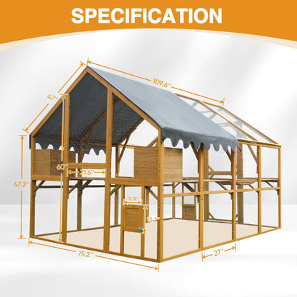 KEIKI 110"L Outdoor Large Chicken Coop with Waterproof Cover, Roosting Platform, Wire Mesh & 2 Lift Small Doors with Locks, Wood Chicken Coop House with Run for Cat Kitten Playpen, Duck, Rabbit, Quail