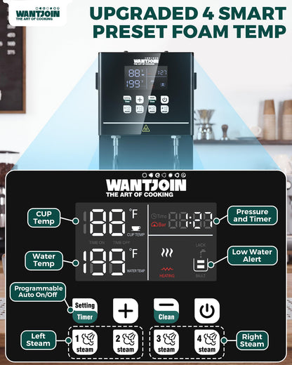 WantJoin Commercial Milk Frother & Beverage Heater - 2000W Multi-functional Milk Steamer Machine with LED Display Panel for Latte Cappuccino Coffee Milk Tea Foam & Hot Water Dispenser, Hotel Home Use