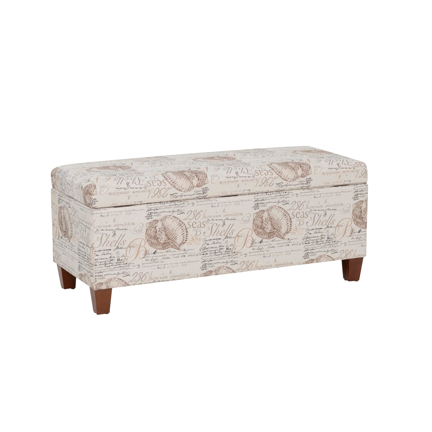 Linon Carmen Ivory and Beige Seashell Upholstered Lift Top Storage Ottoman with Wooden Feet