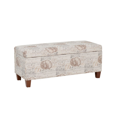 Linon Carmen Ivory and Beige Seashell Upholstered Lift Top Storage Ottoman with Wooden Feet