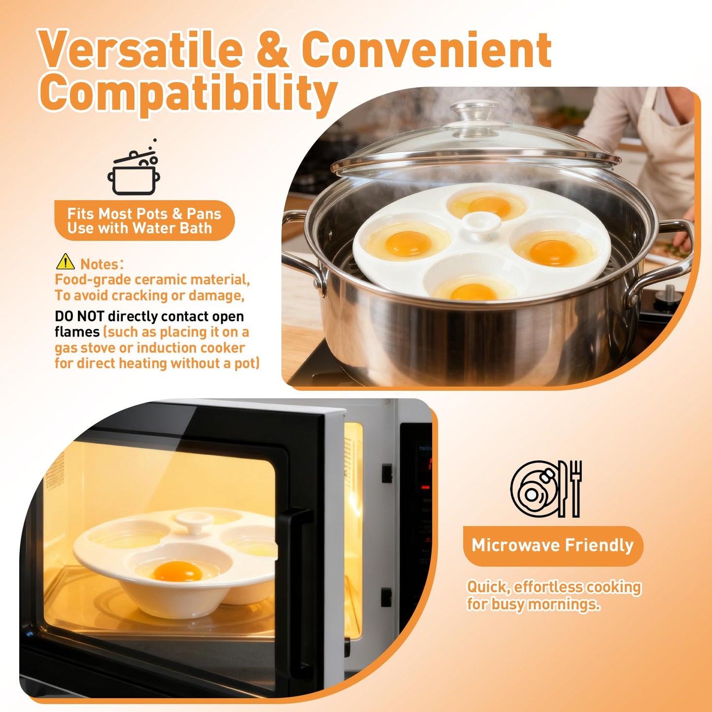 Ceramic Egg Poacher, 4-Cup Egg Poacher Pan Nonstick for Perfect Poached Eggs, Poached Egg Cooker Compatible with Most Pots, Stovetop Cooking, Easy-Clean Egg Cooker Poacher for Perfect Poached Eggs