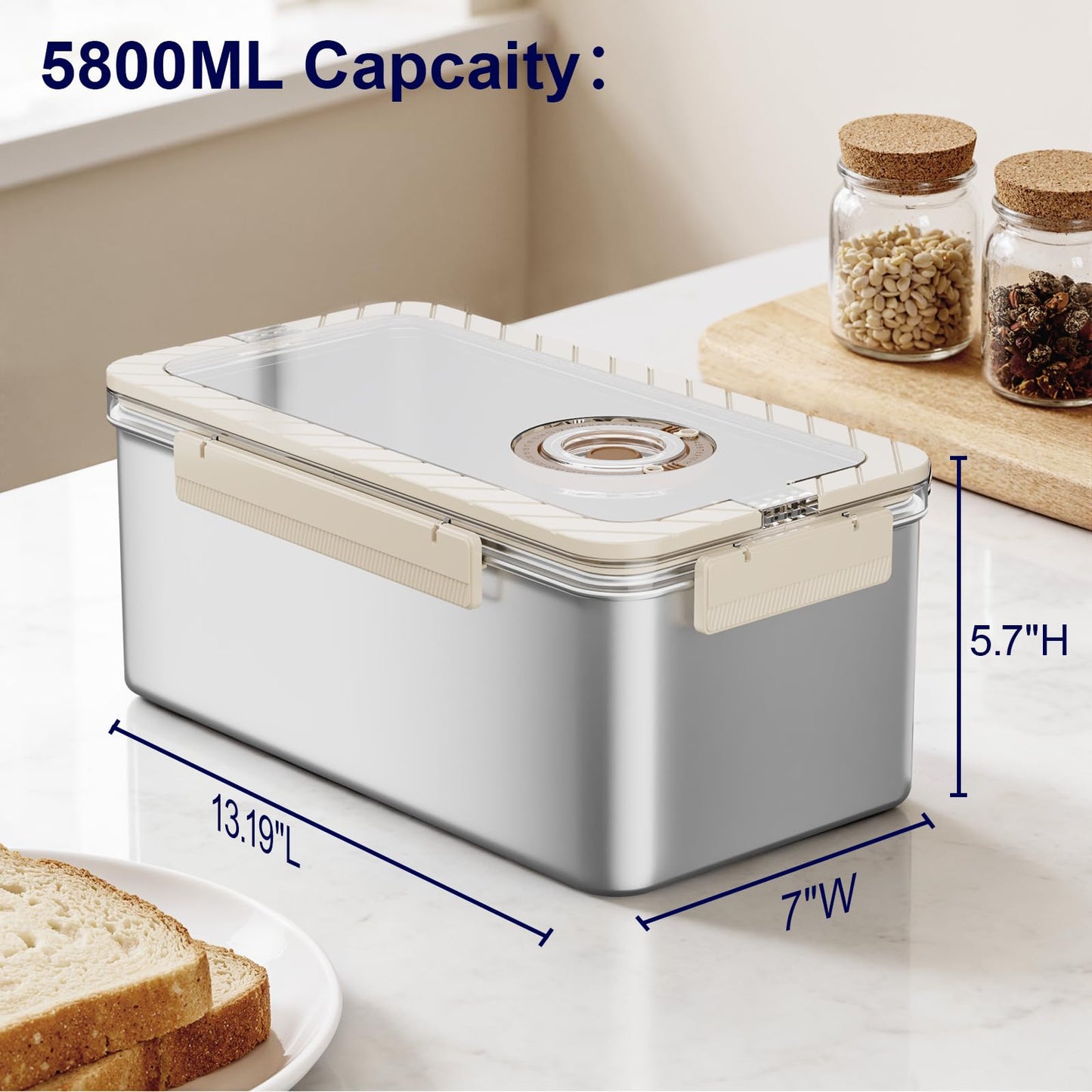 QCQHDU Bread Box, Time Recording 304 Stainless Steel Corner Fresh Bread Box Airtight Keeper Food Storage Container for Kitchen Countertop Homemade Breadbox BPA Free, 5800ML Large Capacity, 1 Pack