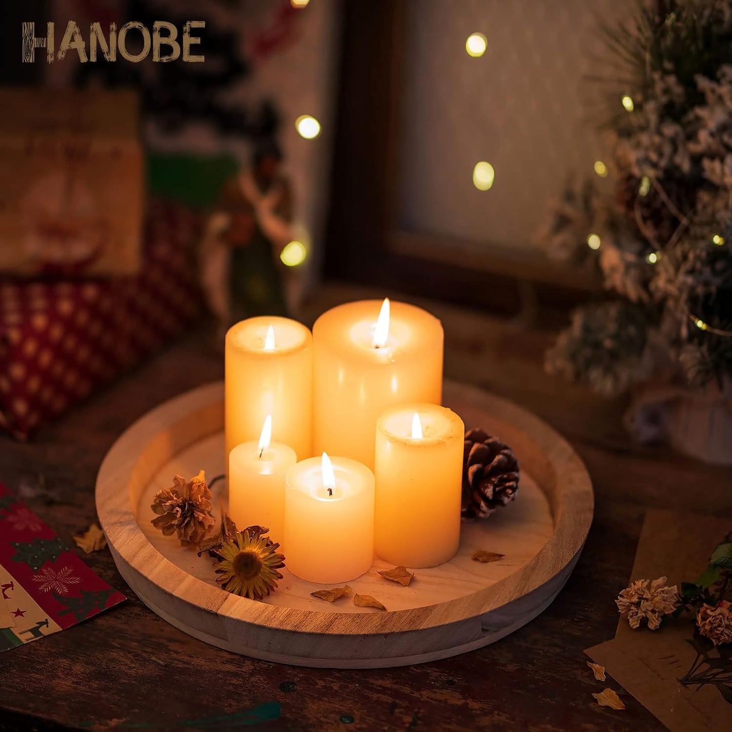 Hanobe Round Wood Decorative Tray, Unfinished Wooden Trays for Kitchen Countertop Crafts and Home Decor