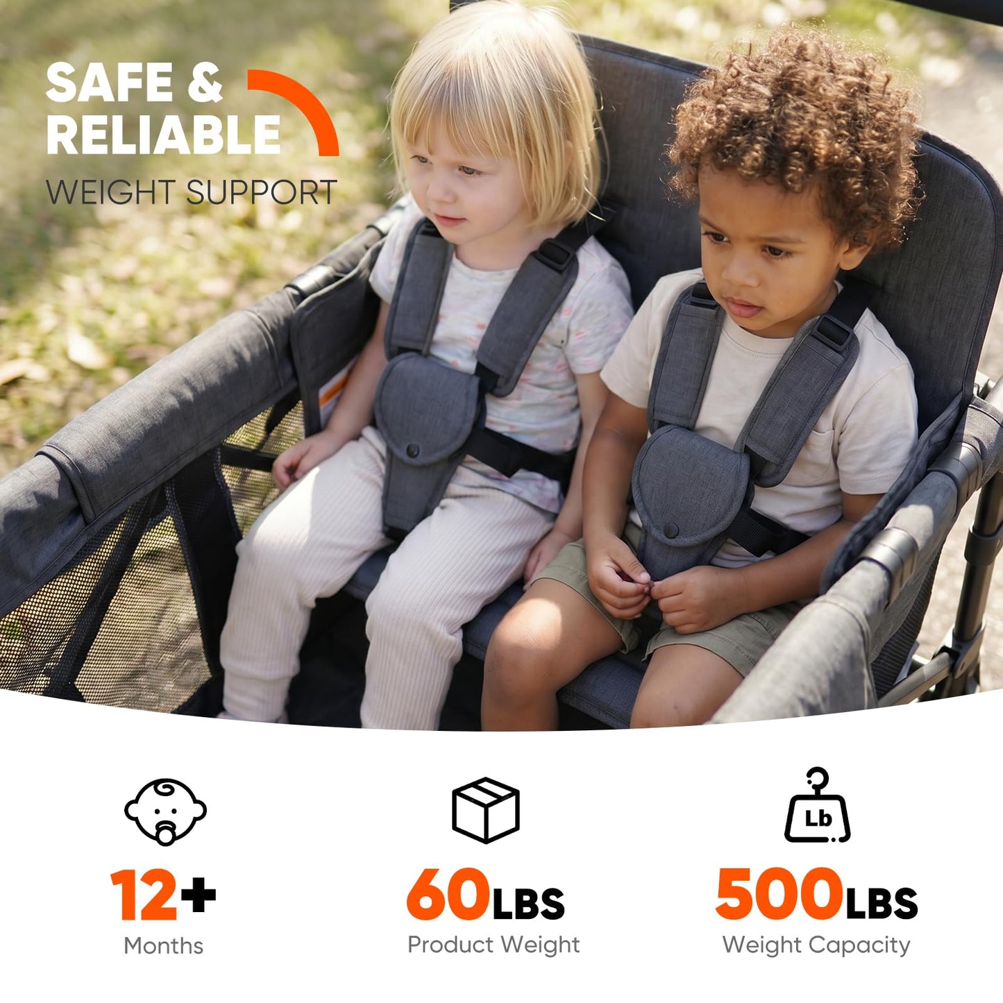 Sekey 4 Seater Stroller Wagon for Kids - Premium Quality with Convertible Seats, Adjustable Push Handles, Removable Canopy, Snack Tray & Cooler, US Certified.