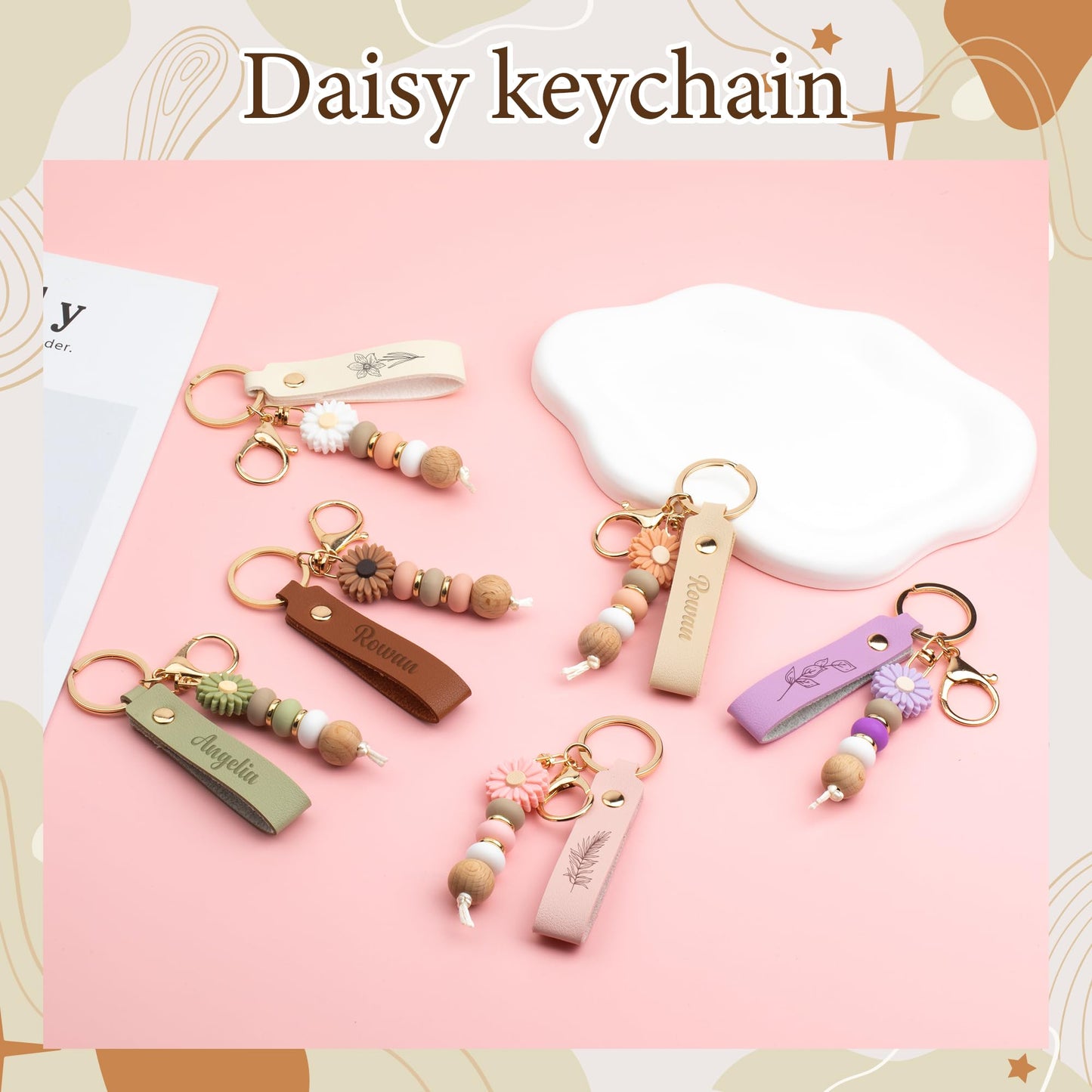 Starry 24PCS Daisy PU Leather Beadable Keychain Blanks Bulk Laser Engraving Blanks Keychain Kit for Flower Bag Purse Key Rings DIY