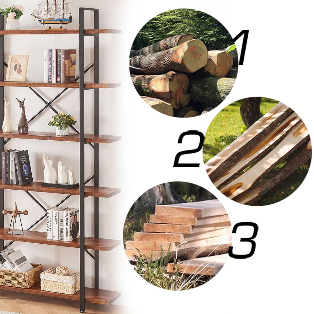 HSH 6 Tier Solid Wood Bookshelf, Industrial Wood and Metal Tall Large Etagere Bookcase and Storage Shelves, Rustic Open Natural Real Wooden Book Shelf for Bedroom Living Room, Distressed Brown