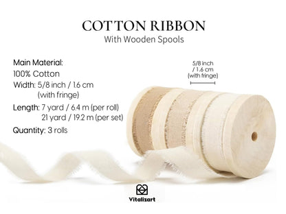 Vitalizart Cotton Ribbon Handmade Fringe 5/8" x 21 Yd Nude & Cream White Pure Natural Cotton Ribbons for Gift Wrapping Wedding Invites Bridal Shower Bouquets Holiday Decor