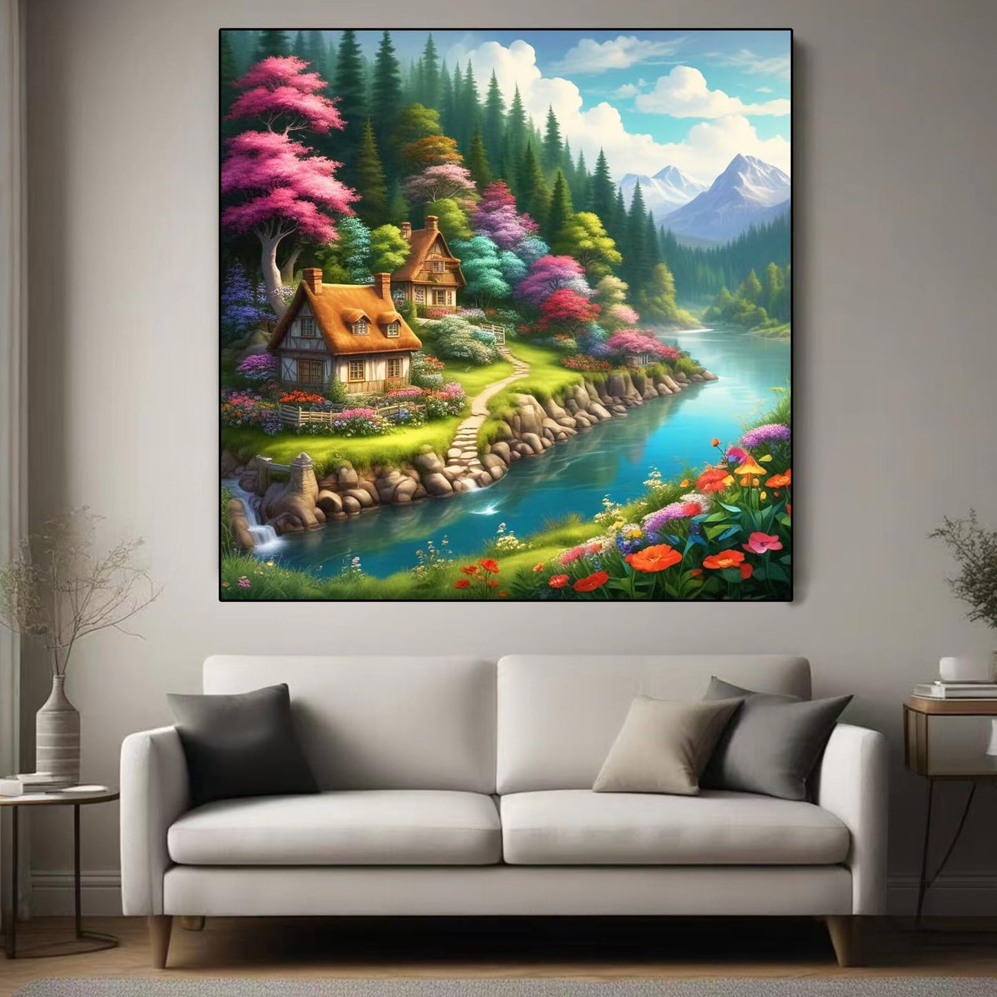 Fantasy Landscape Diamond Painting Kits For Adults, 5D DIY Beautiful Scenery Full Square Drill Diamonds Art Kits for Beginners, Mountain River Cottage Flowers Paint With Diamonds Gem Art Craft 40x40cm