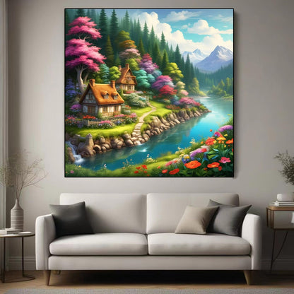 Fantasy Landscape Diamond Painting Kits For Adults, 5D DIY Beautiful Scenery Full Square Drill Diamonds Art Kits for Beginners, Mountain River Cottage Flowers Paint With Diamonds Gem Art Craft 40x40cm