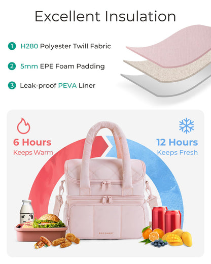 BAGSMART Lunch Bag Women, Double Deck Insulated Lunch Box, Quilted Puffer Lunch Tote, Leakproof, Durable & Reusable Large Lunch Cooler For Work Picnic Travel Meal Prep, Dark Pink