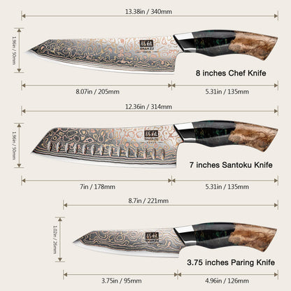 SHAN ZU Damascus Knife Set, Copper & Damascus Steel Japanese Kitchen Knives, High Carbon 33 Layer Hand Forged Utility Knife Professional Sharp Kitchen Knife with Maple Wood Handle