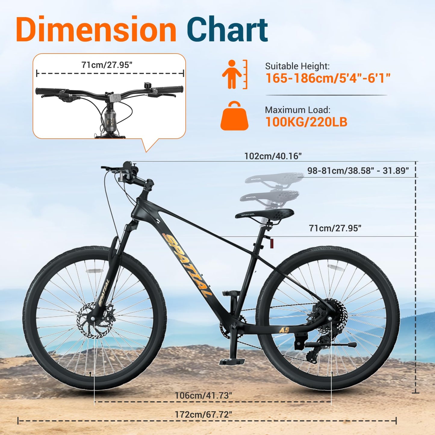 SPATIAL Mountain Bike/Fat Tire, 24/26/27.5/29 Inch Outdoor Cycling Bike, 8/21 Speed Lightweight Aluminum Frame | Dual Disc Brakes, Adjustable Ergonomic Seat for Adult Teens (Black, 27.5'')