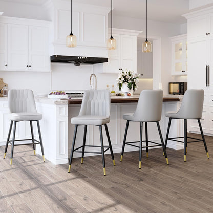 Rejeke 180° Swivel Bar Stools Set of 4, 27" Counter Height Bar Stools with Back, Swivel Light Grey Faux Leather Bar Stools for Kitchen Island, Counter Height Chairs with Metal Legs & Footrest