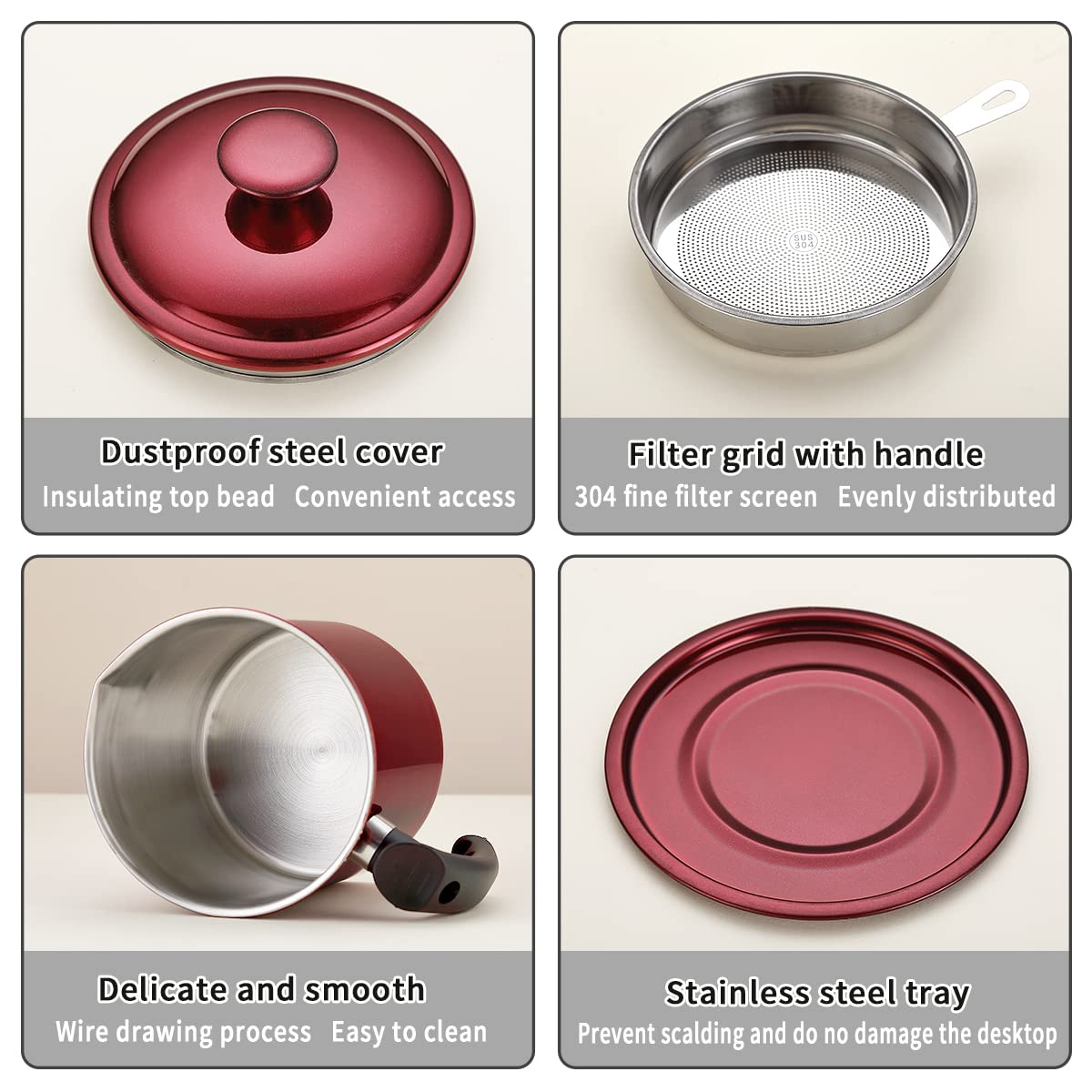 Kyraton Bacon Grease Container With Strainer, 48 oz Metal Shining Red Stainless Steel Oil Container, Pot Fat Storage With Lid, Easy Grip Handle Suitable For Storing Frying Oil And Cooking Grease