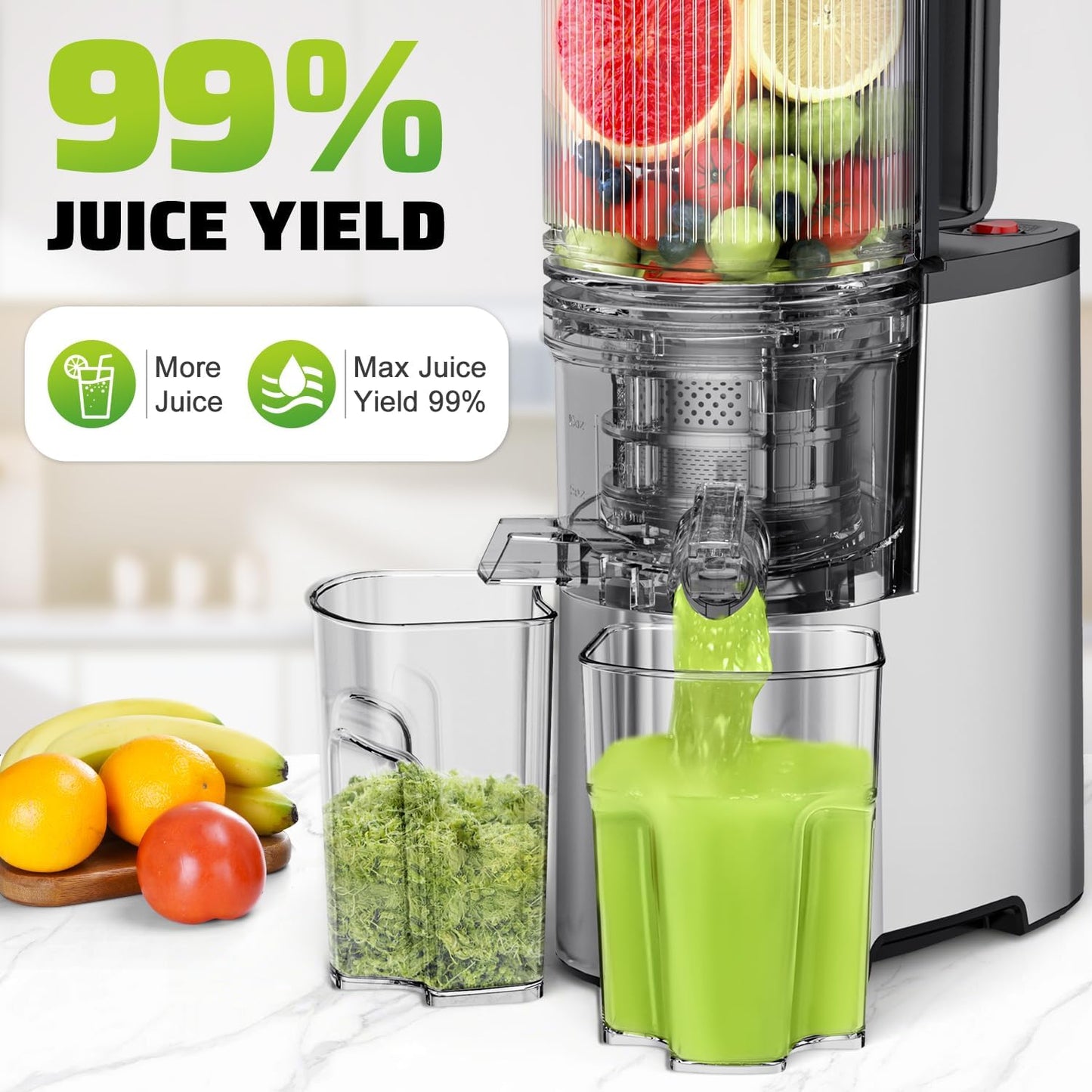 EanOruus Cold Press Juicer, 5.8" Wide Feed Chute Juice Extractor Machine with 400W, High Juice Yield, Slow Masticating Juicer for Whole Vegetables & Fruits, Silver