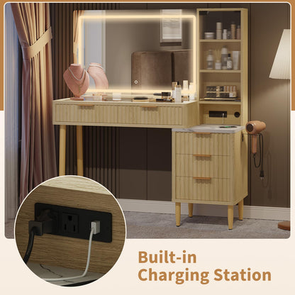 GarveeHome Makeup Vanity Desk with Lights, Fluted Wooden Dressing Table with 5 Drawers and Adjustable Shelves, Makeup Vanity Table Modern Glass Top with Charging Station for Bedroom (Oak)
