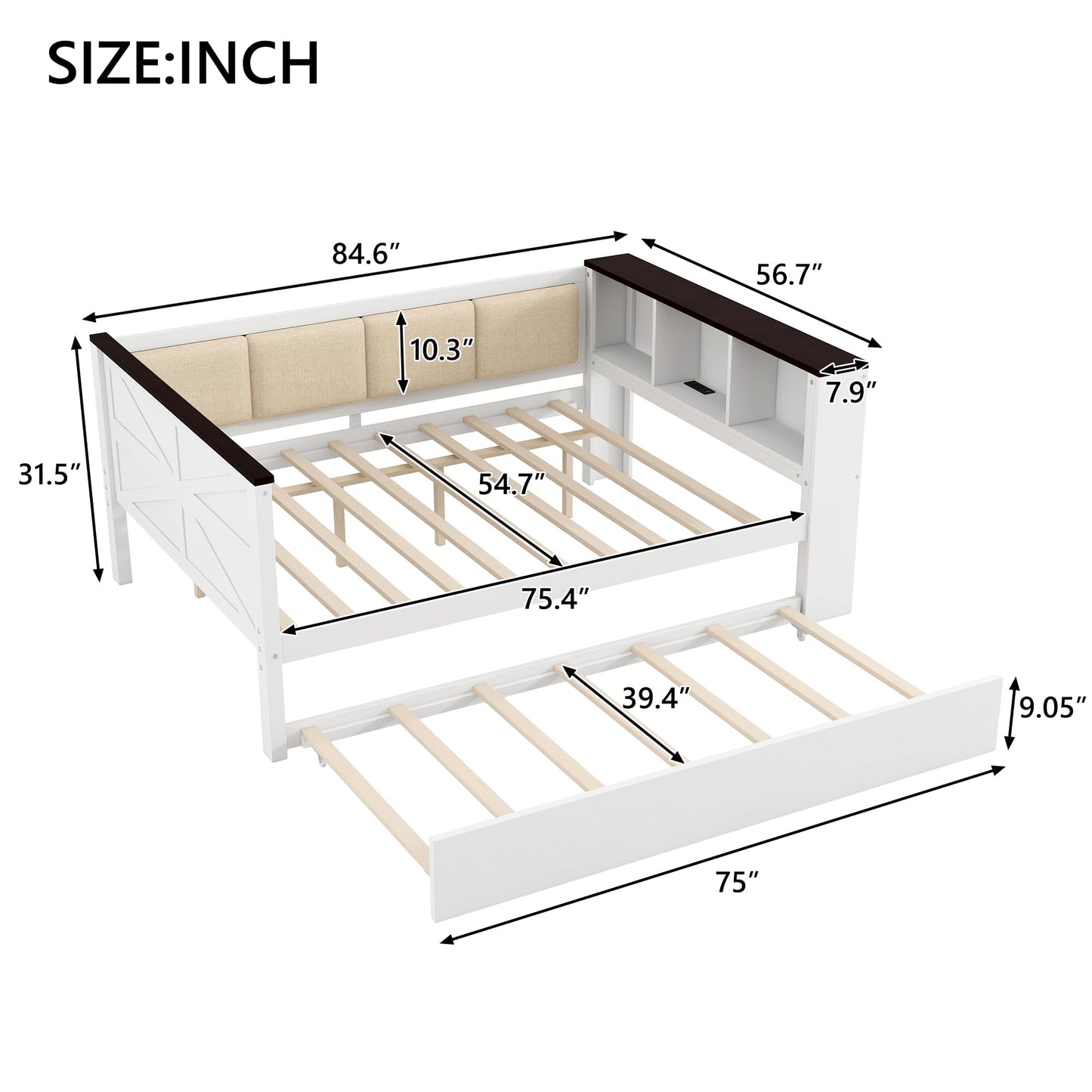 Ball & Cast Daybed with Trundle,Wood Full Size Daybed W/Storage Shelves and Upholstered Backrest & USB,Space Saving,No Box Spring Needed,Bedroom for Student Dorms,White