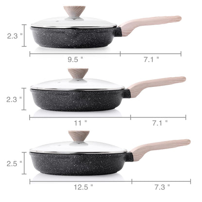 Kordisen Nonstick Frying Pan Set with Lids, 3 Piece Skillet Set, Healthy Induction Cookware Cooking Pan, Stay-Cool Handle, Compatible with All Stovetops, PFOA Free (9.5, 11, 12.5 Inch)