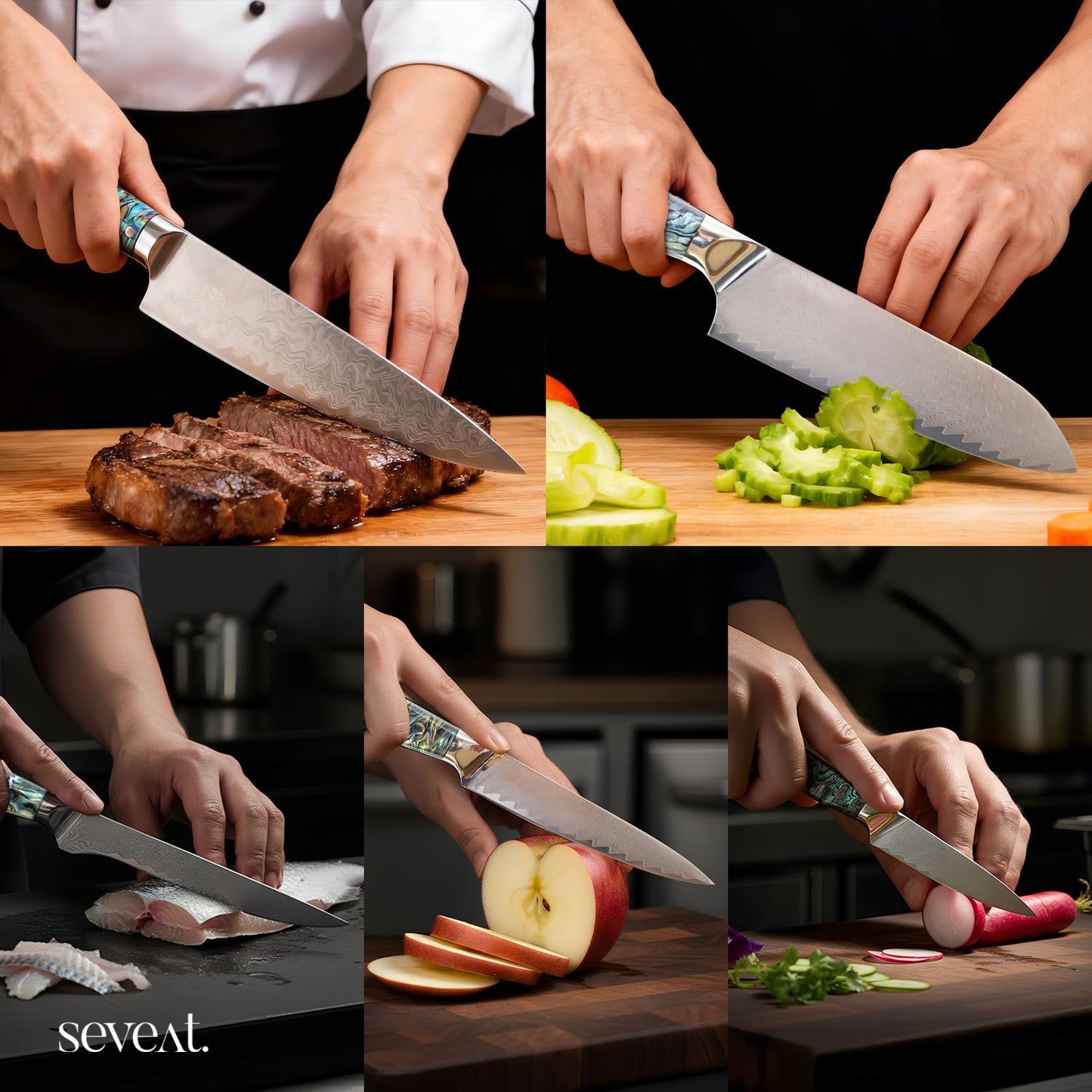 Seveat Damascus Kitchen Knife Set | 67-Layer Damascus Steel | Professional Chef Knives Set | Ergonomic Blue Shell Handle | Acacia Wood Magnetic Holder Included (Blue-3, 5-Piece Set)