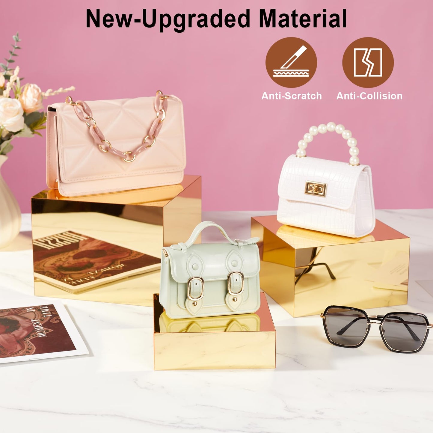 Jolboldy 3 Pcs Gold Acrylic Risers Display Stands, Mirrored Nesting Cube Boxes Pedestal for Figures Collectibles, Jewelry Purse Wallet Showcase Blocks, Buffet Risers Food Display Catering Dessert Cake
